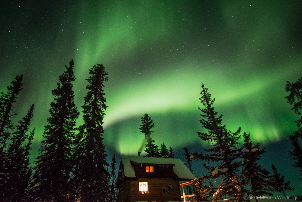 Aurora above one of the cabins at Blachford Lake Lodge.