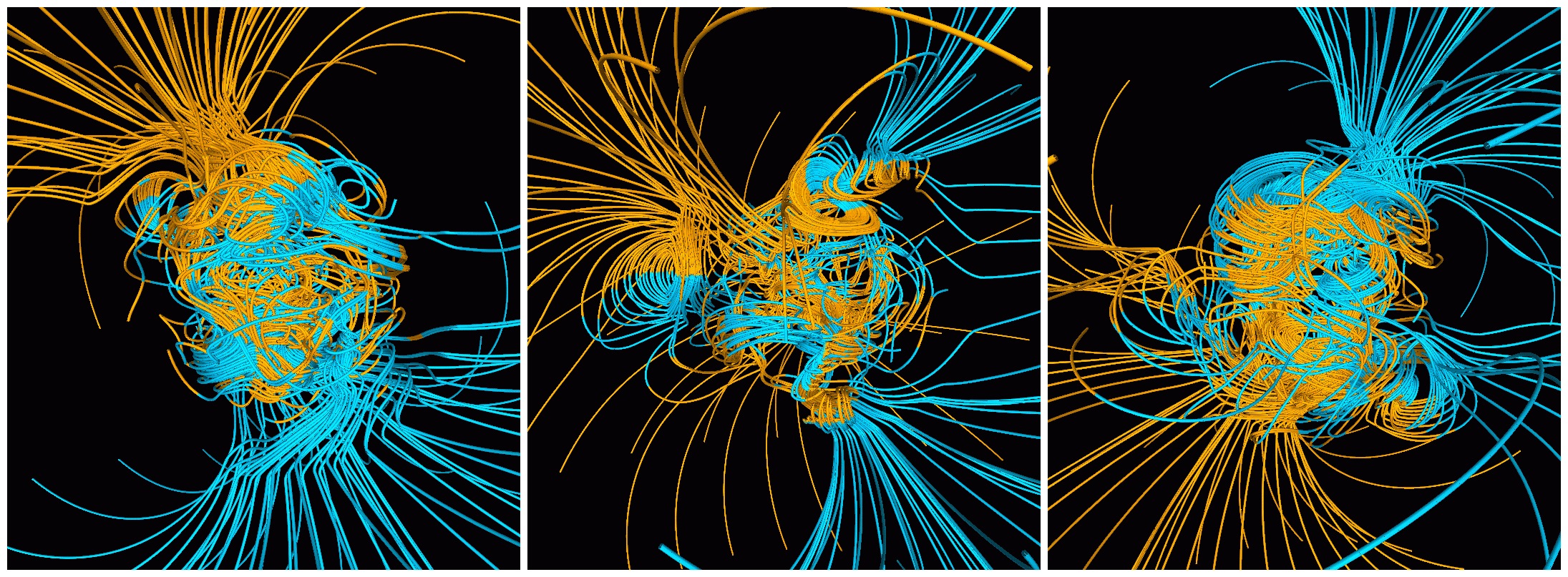 How the magnetic field pattern of the Earth may change during a reversal.