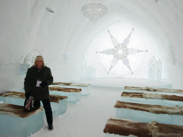 My mother, Sheila, in the Icehotel ceremony room.