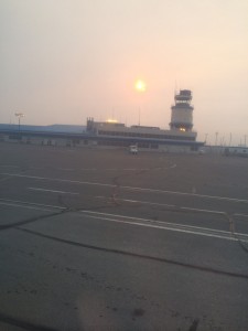 Hazy Sun through the smokey air at the airport in Yellowknife.