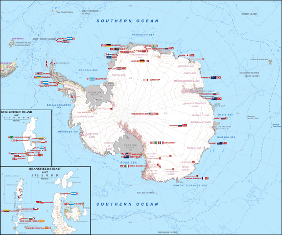 Map of Antarctica and research stations.