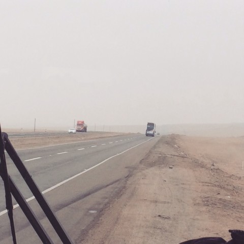A misty desert drive.