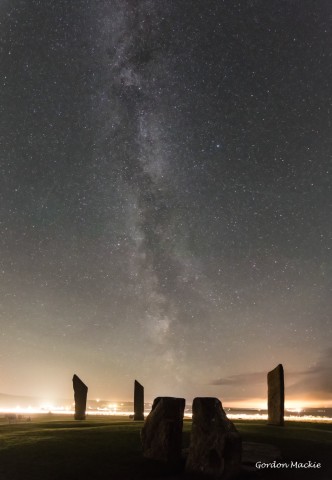 The milky way seen over standing stones at Stenness, Orkney.  Photo by Gordon Mackie.