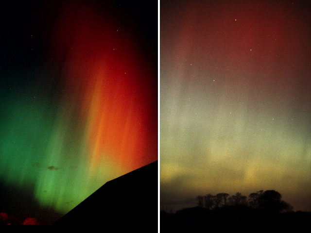 Aurora over Musselburgh, Scotland; Red aurora in Ursa Major near Cousland, East Lothian, Scotland, 1989.