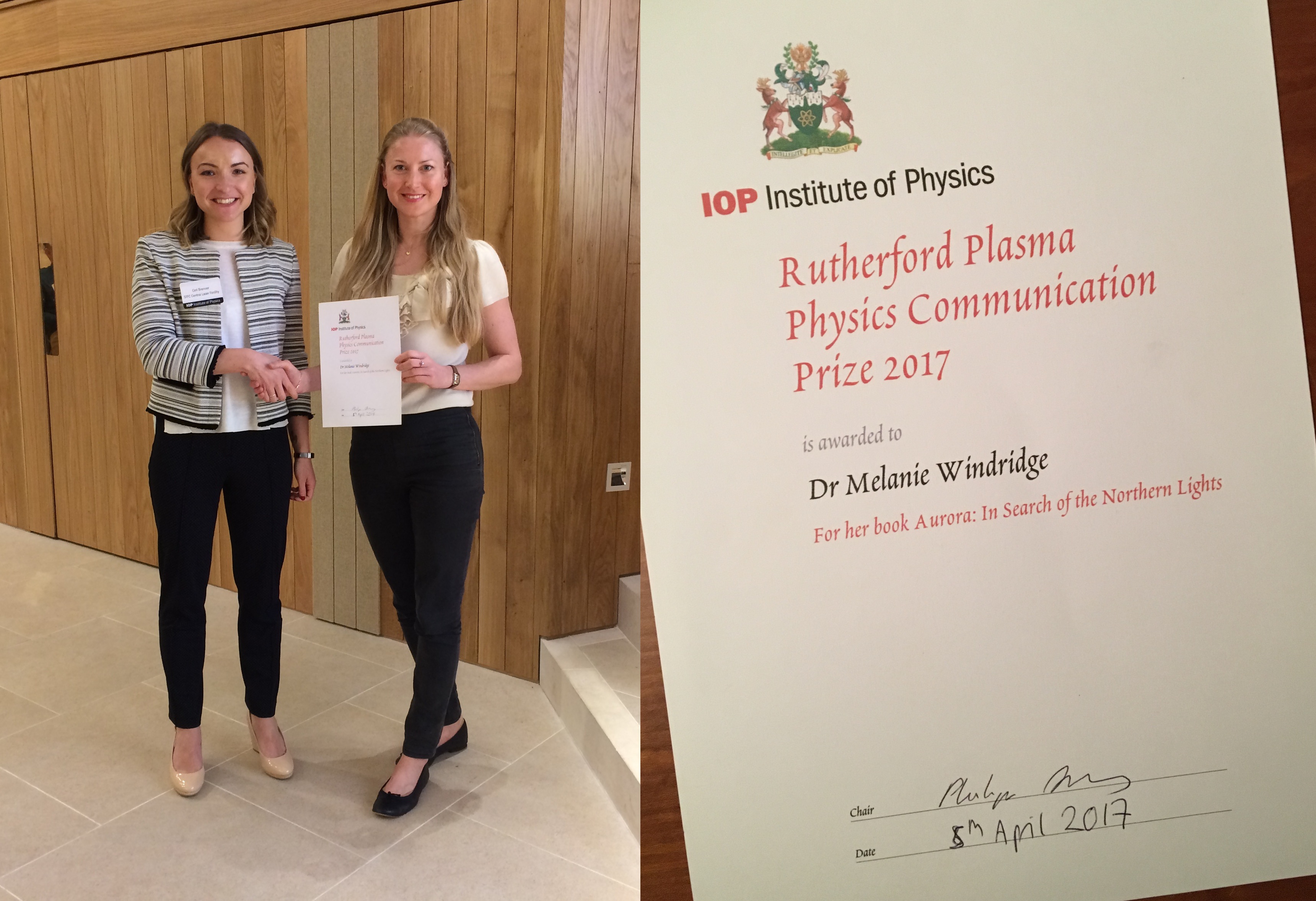 Melanie Windridge is awarded the Rutherford Plasma Physics Communication Prize by Ceri Brenner.