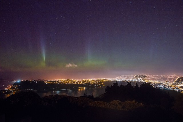 Aurora australis above the city of Dunedin, New Zealand.