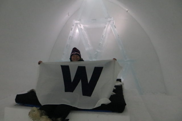 The author, Rosie Thompson, in her Ice Hotel room with the Chicago Cubs victory flag, celebrating their World Series win.