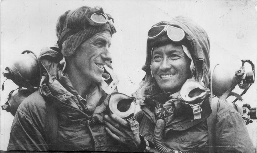 Edmund Hillary and Tenzing Norgay after summitting Mount Everest, 1953. 