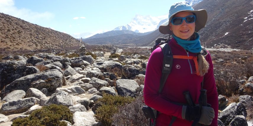 Melanie trekking to Everest Base Camp. On Everest, Melanie wore the Julbo Cameleon lense. The Julbo range adapts to changing UV levels within 20-30 seconds.