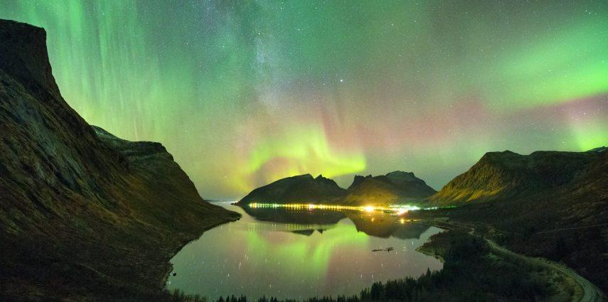 Aurora and milky way over the beautiful Bergsbotn, taken from the viewing platform. Photo: Adrien Mauduit
